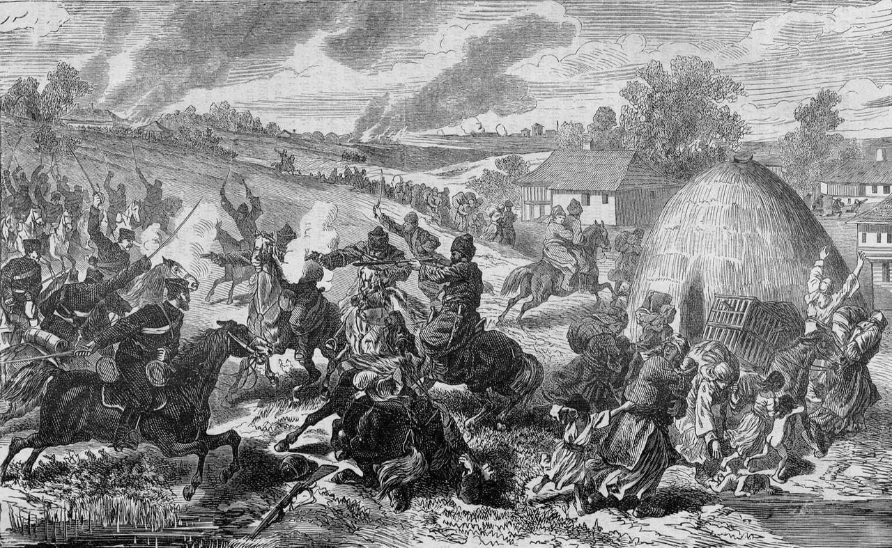 Serbian troops clashing with Ottoman Circassian fighters during the 1876–1878 war, as depicted in an 1878 engraving by Moritz B. Zimmermann. (Image via Wikimedia)