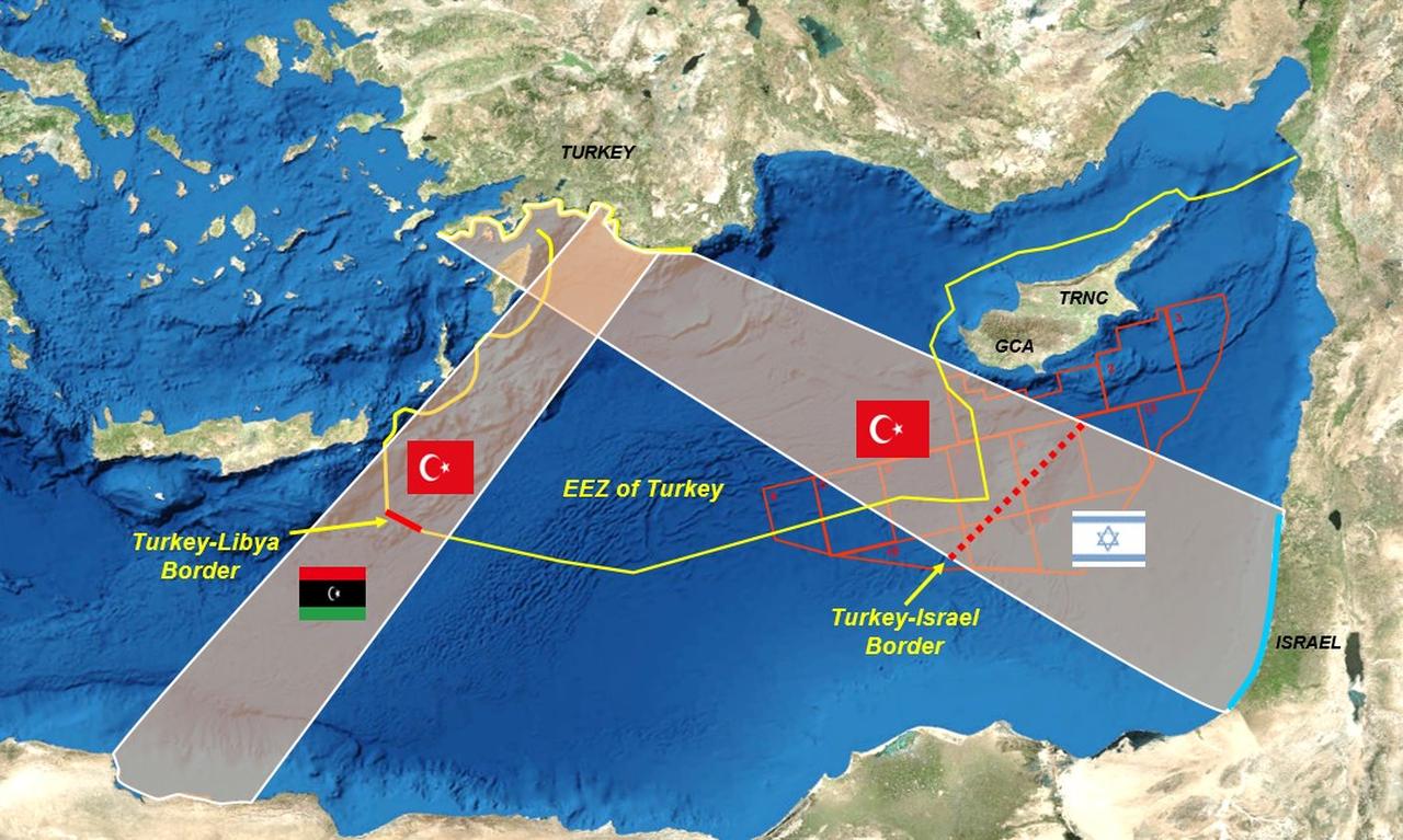 An Eastern Mediterranean map showing a potential maritime delimitation agreement between Türkiye and Israel. (Photo via X)
