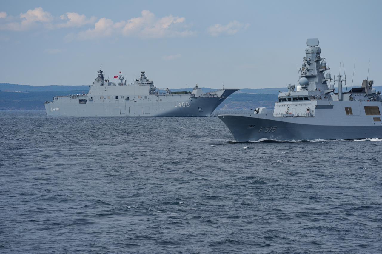 TCG Anadolu and naval assets are seen off the coast of the Black Sea for the parade to be held in the Bosphorus in Istanbul, Türkiye, Aug. 23, 2025. (AA Photo)