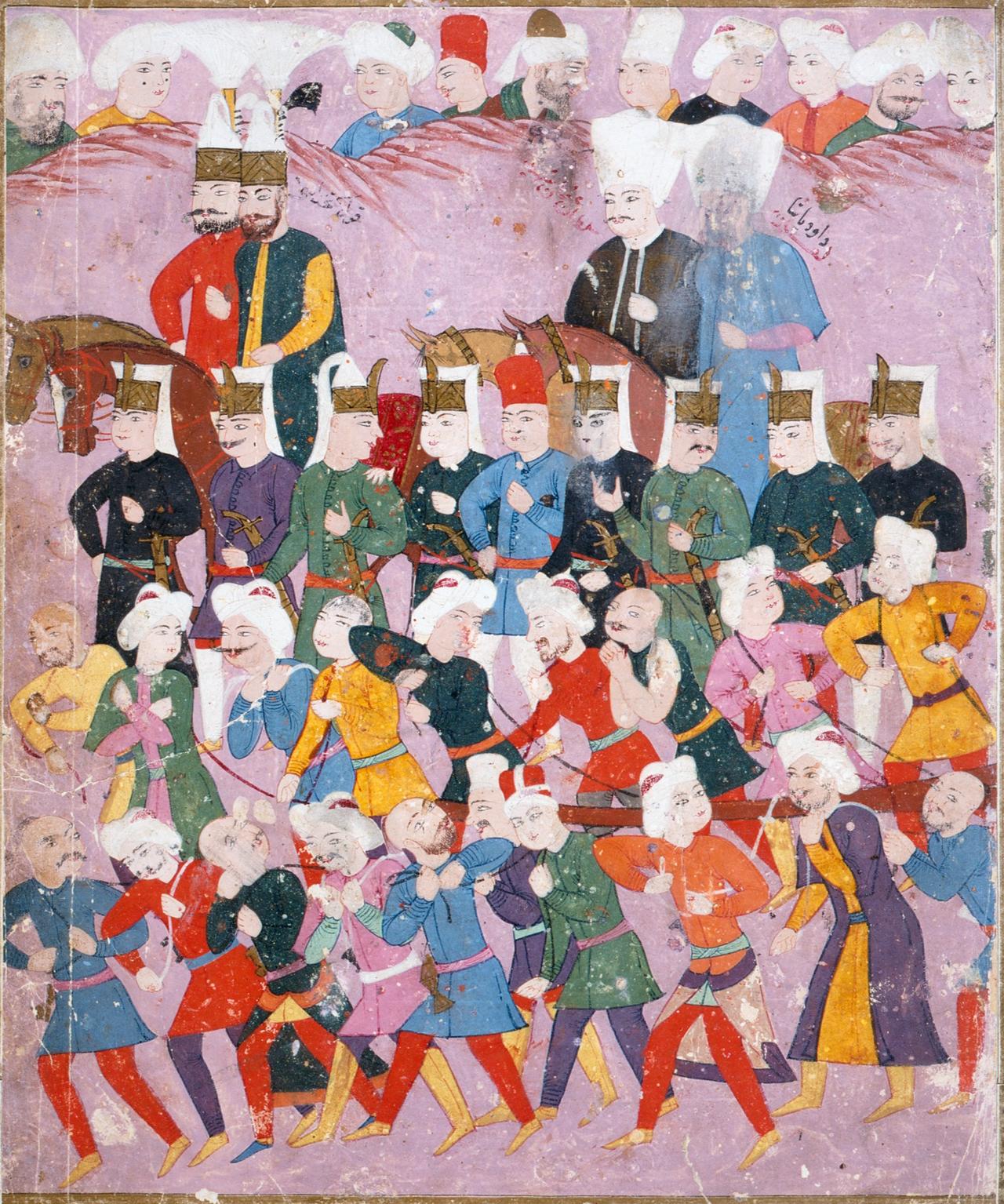 Sultan Osman II with his vizier Davud Pasha in a Janissary procession, Ottoman manuscript painting. (Image via LACMA/The Edwin Binney 3rd Collection)