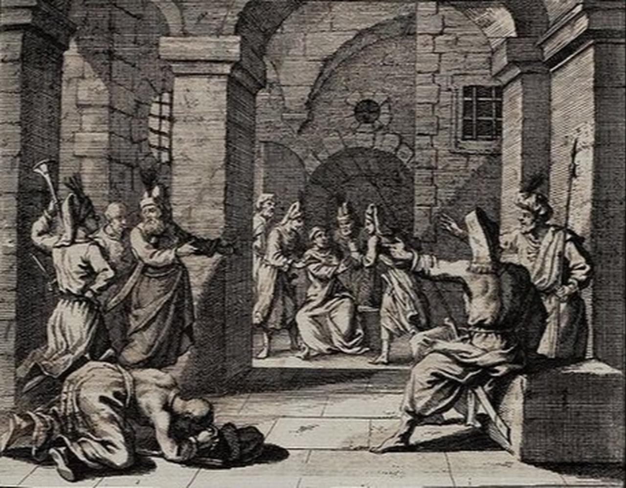 Sultan Osman II is strangled inside Yedikule Fortress following the Janissary revolt, engraving from 1694. (Image via Wikimedia)