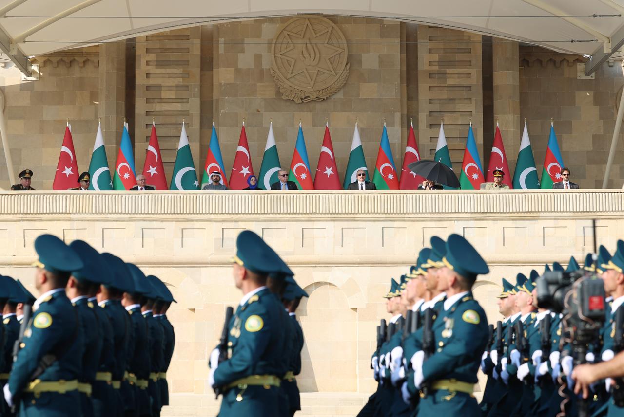 Turkish President Recep Tayyip Erdogan, Azerbaijani President Ilham Aliyev, and Prime Minister of Pakistan
Shehbaz Sharif attend the Victory Day Ceremony in Baku, Azerbaijan on Nov. 8, 2025. (Turkish Presidency / AA Photo)