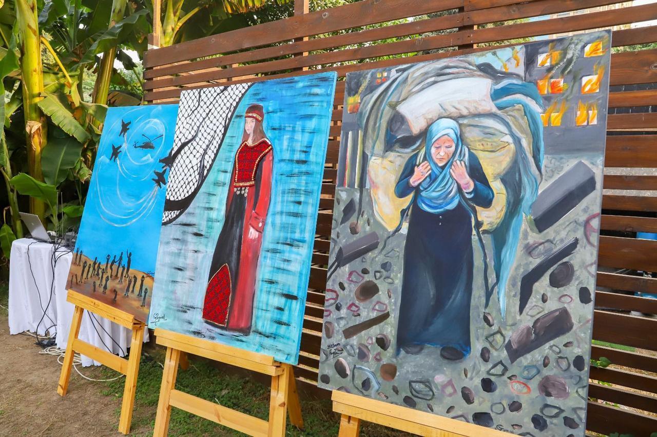 Part of Gazan painter Feyza Yusuf El Raddie’s paintings were displayed at the “Long Live Gaza” event held at the embassy residence by Türkiye’s Ambassador to Cairo, Salih Mutlu Sen, on Nov. 5, 2025. (AA Photo)