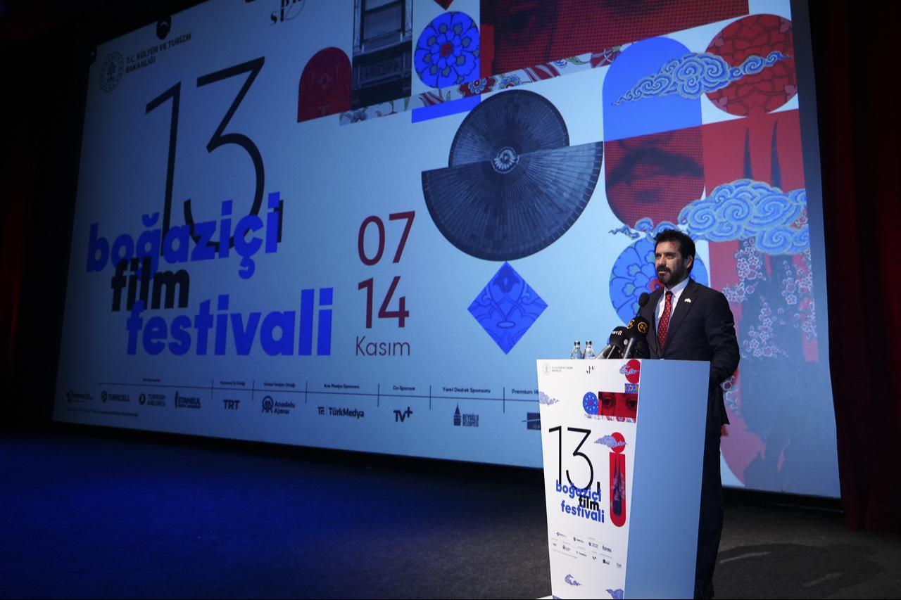 Deputy Minister of Culture and Tourism Batuhan Mumcu delivers remarks during the opening ceremony of the 13th Bosphorus Film Festival at Atlas 1948 Cinema, Istanbul, Nov. 8, 2025. (AA Photo)