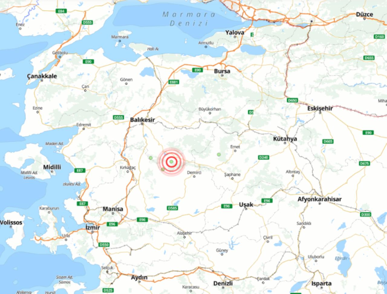 The map shows the epicenter of the 4.5 magnitude earthquake in Sindirgi district in Balikesir, Türkiye. (Map via AFAD