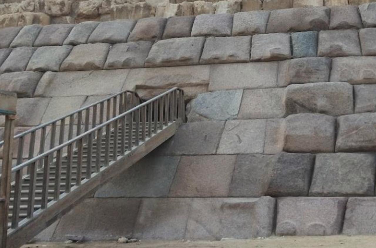 Detail of the polished granite blocks on the lower courses of the eastern façade, where testing was carried out. (Photo via ScanPyramids Project/Cairo University & Technical University of Munich)