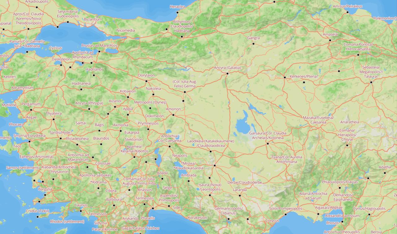 A high-resolution map from the newly released Itiner-e dataset shows the dense network of Roman roads and ancient settlements across central and western Anatolia (modern-day Türkiye), highlighting key hubs such as Mazaka/Caesarea, Ancyra, Ephesus and Pergamum, and illustrating how the region functioned as a major crossroads of the Roman Empire. (Image via Itiner-e Project/Scientific Data)