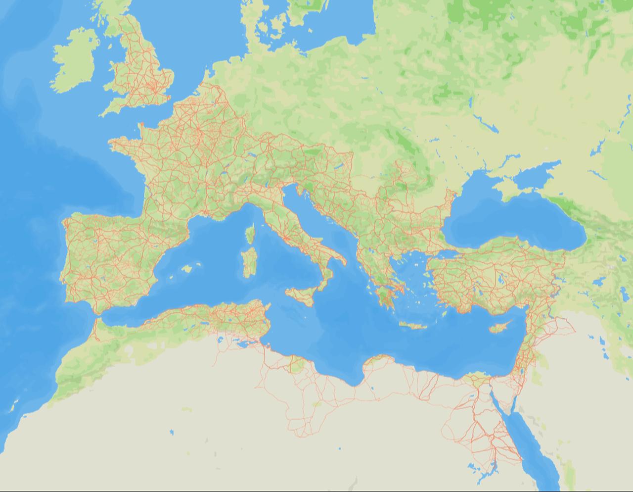 A full view of the Roman Empire’s terrestrial road network, as mapped in the Itiner-e dataset, showing how major routes linked Europe, Anatolia, North Africa, and the Near East into a unified system of mobility. (Map via Itiner-e Project/Scientific Data)
