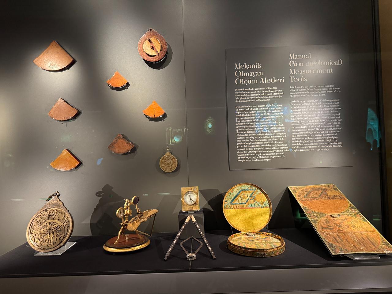 Non-mechanical measurement tools such as sundials and astrolabes featured in the “Manual Measurement Tools” section of the Clock Museum at Topkapi Palace, Istanbul, Türkiye, Oct. 7, 2025. (IHA Photo)