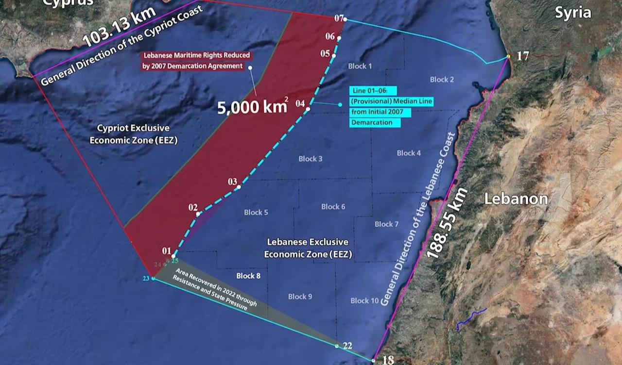 The image provided is a map illustrating the controversial maritime borders and Exclusive Economic Zones (EEZ) between Lebanon and Greek Cypriot Administration in the Mediterranean Sea. (Photo via X)