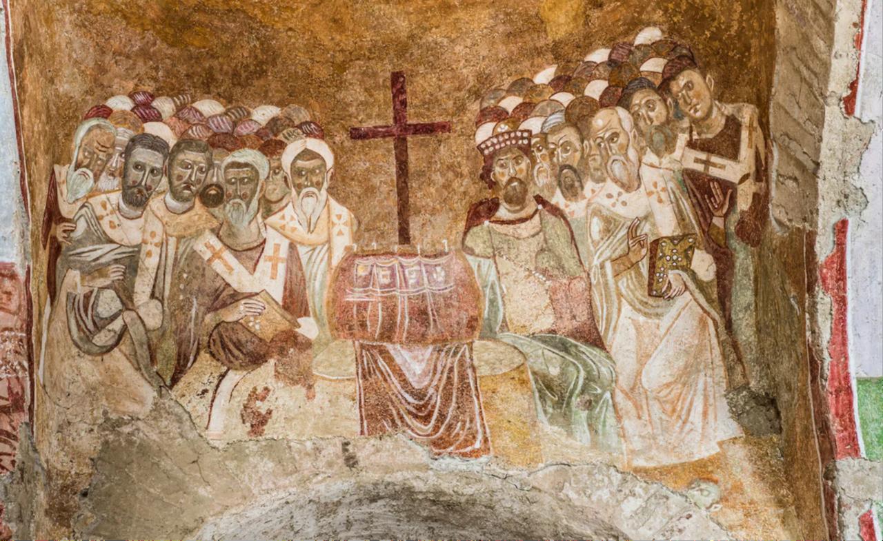 First Council of Nicaea in 325, depicted in a Byzantine fresco in the basilica of St. Nicholas in Demre, Türkiye. (Photo via Britannica)