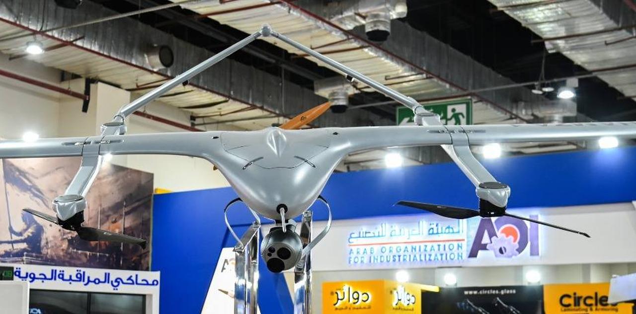 The first vertical-takeoff drone produced by Egyptian factories in cooperation with the Turkish side is called “Hamza-1,” which was presented at the Egypt International Defense Industries Exhibition on December 1, 2025. (Photo via Facebook / @ the official page of the Arab Organization for Industrialization)