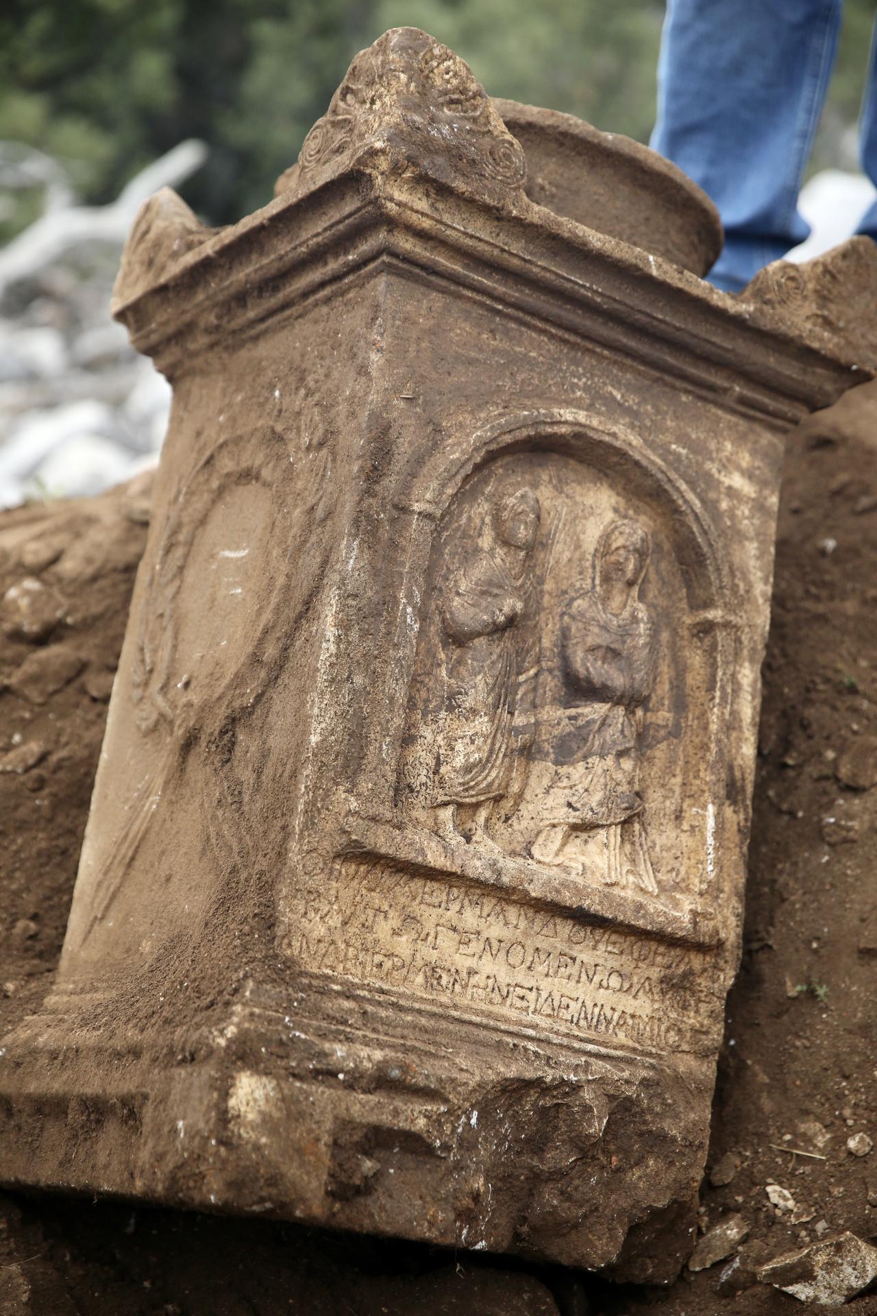 A view of a human-shaped grave stele in the form of an altar, discovered by a shepherd grazing his goats in Seydikemer district and placed under protection, will be exhibited in a museum in Mugla, Türkiye, Nov. 28, 2025. (AA Photo)