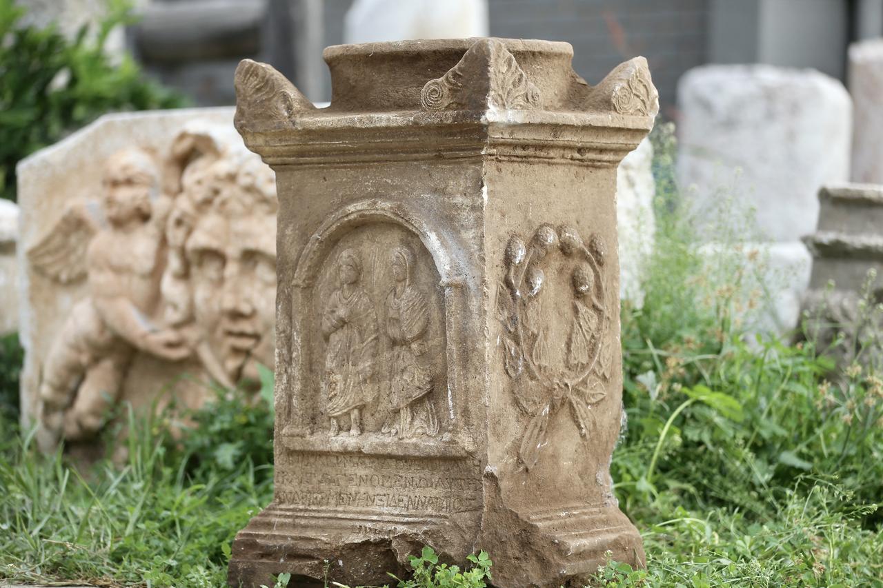 A view of a human-shaped grave stele in the form of an altar, discovered by a shepherd grazing his goats in Seydikemer district and placed under protection, will be exhibited in a museum in Mugla, Türkiye, Nov. 28, 2025. (AA Photo)