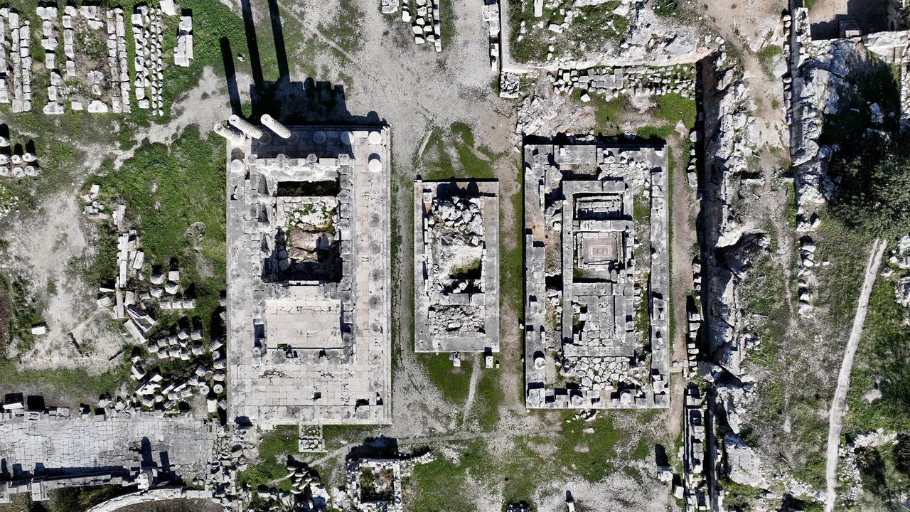 An aerial view of archaeological excavations at the Letoon Sanctuary at Seydikemer, which is listed as a UNESCO World Heritage Site through the “Heritage for the Future Project,” in Mugla, Türkiye, Nov. 27, 2025. (AA Photo)