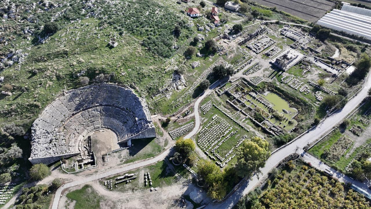 An aerial view of archaeological excavations at the Letoon Sanctuary at Seydikemer, which is listed as a UNESCO World Heritage Site through the “Heritage for the Future Project,” in Mugla, Türkiye, Nov. 27, 2025. (AA Photo)