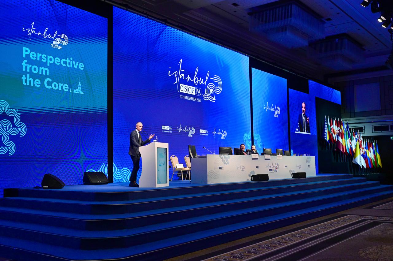 Chairman of the Parliamentary Assembly of the Organization for Security and Co-operation in Europe (OSCE PA) Pere Joan Pons delivers a speech on the second day of the 23rd Autumn General Assembly Meeting of the Organization for Security and Co-operation in Europe (OSCE) in Istanbul, Türkiye on Nov. 18, 2025. (AA Photo)