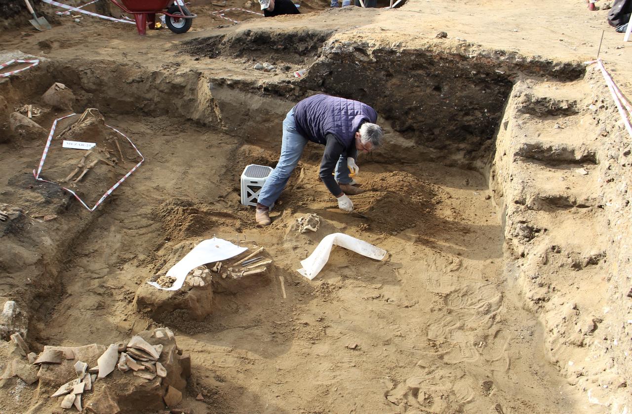 A researcher carefully brushes human remains exposed during rescue excavations in Sinop’s Gelincik neighbourhood, where multiple burials were identified beneath modern construction layers, Nov. 27, 2025. (AA Photo)