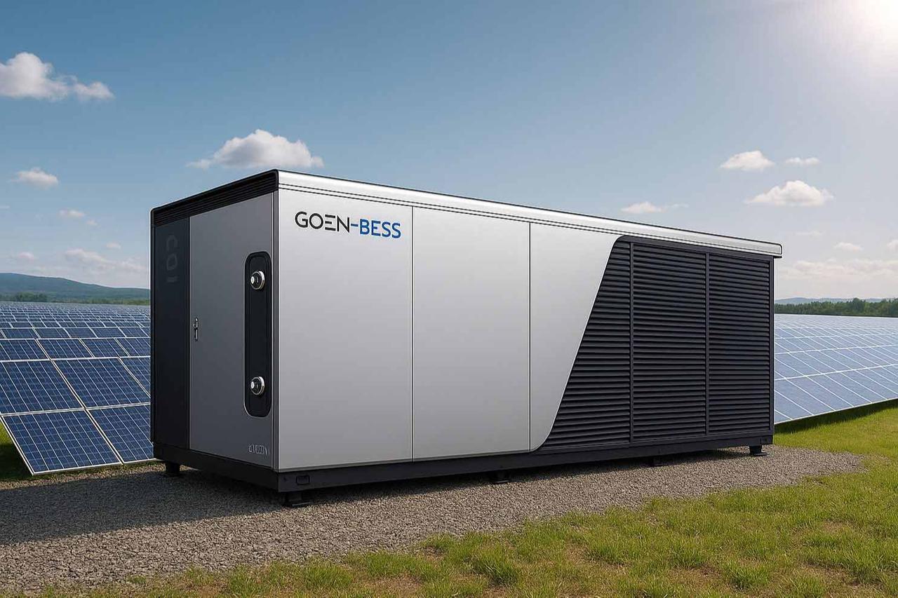 A GOEN-BESS (Battery Energy Storage System) unit developed by Türkiye-based GO Enerji is seen installed alongside a solar farm. (AA Photo)