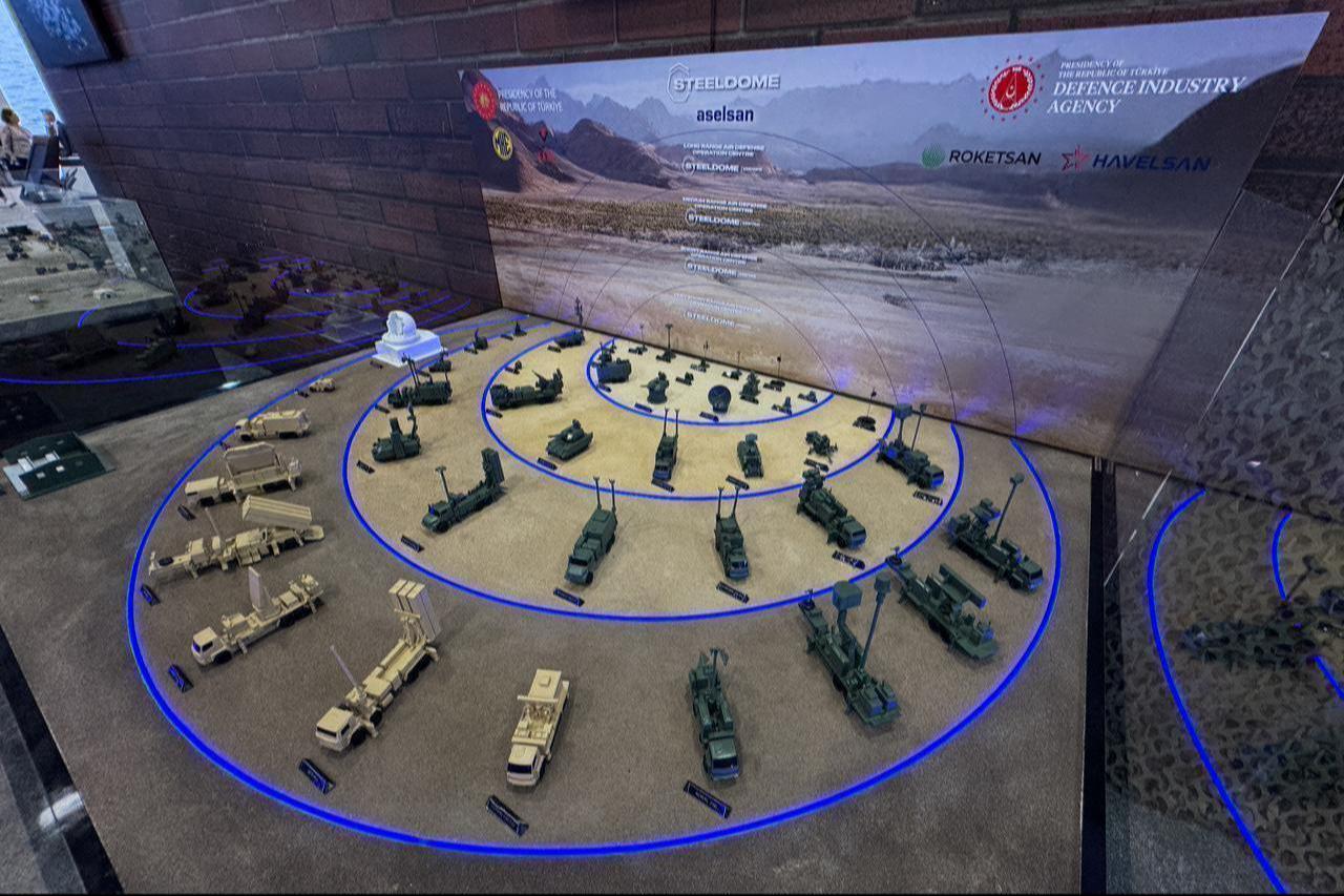 A mock-up of the Steel Dome air defense system components is displayed at the Aselsan stand during IDEF 2025 in Istanbul, Türkiye, on July 24, 2025. (AA Photo)