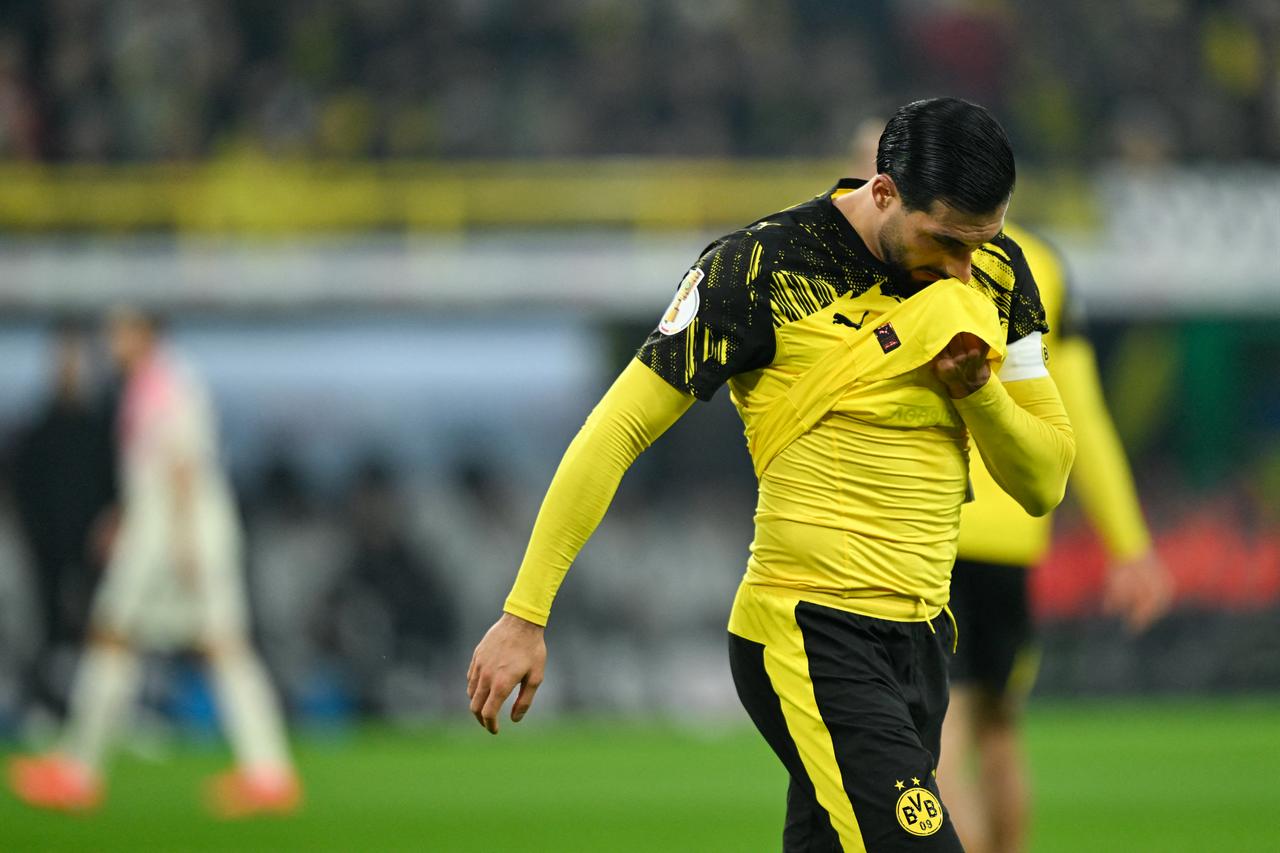 Dortmund's German midfielder #23 Emre Can reacts during the German Cup (DFB-Pokal) round of 16 football match between Borussia Dortmund and Bayer Leverkusen in Dortmund, western Germany, December 2, 2025. (AFP Photo)