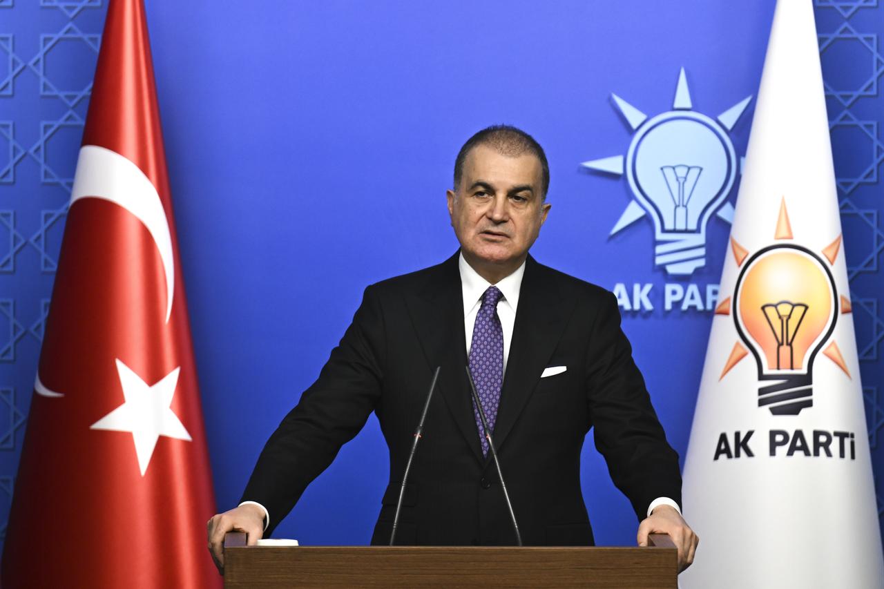 AK Party General Vice Chairman and Spokesman Omer Celik speaking during a press conference regarding the Central Executive Board (MYK) Meeting in Ankara, Türkiye, Oct. 9, 2025. (AA Photo)
