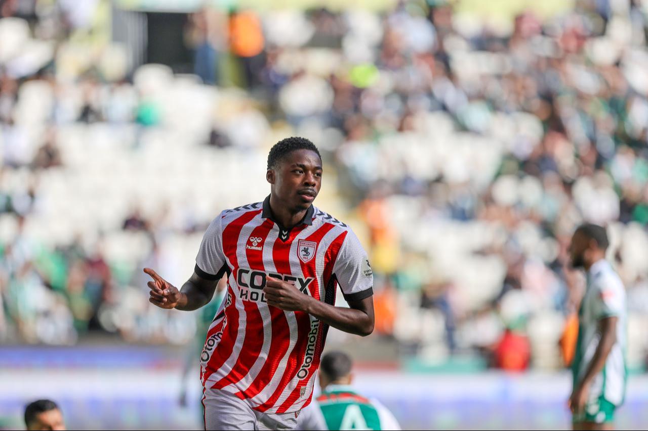 Samsunspor’s Anthony Musaba celebrates after scoring a goal during the Trendyol Super Lig week 11 match between TUMOSAN Konyaspor and Samsunspor at Medas Konya Buyuksehir Stadium in Konya, Türkiye, Nov. 2, 2025. (AA Photo)