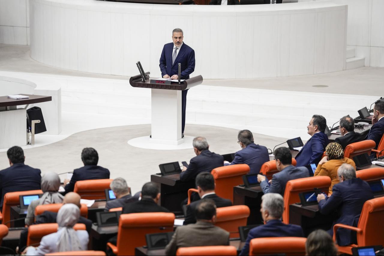 Turkish Foreign Minister Hakan Fidan speaking at the Turkish Parliament during talks on the 2026 budget in Ankara, Türkiye, Dec. 9, 2025. (AA Photo)