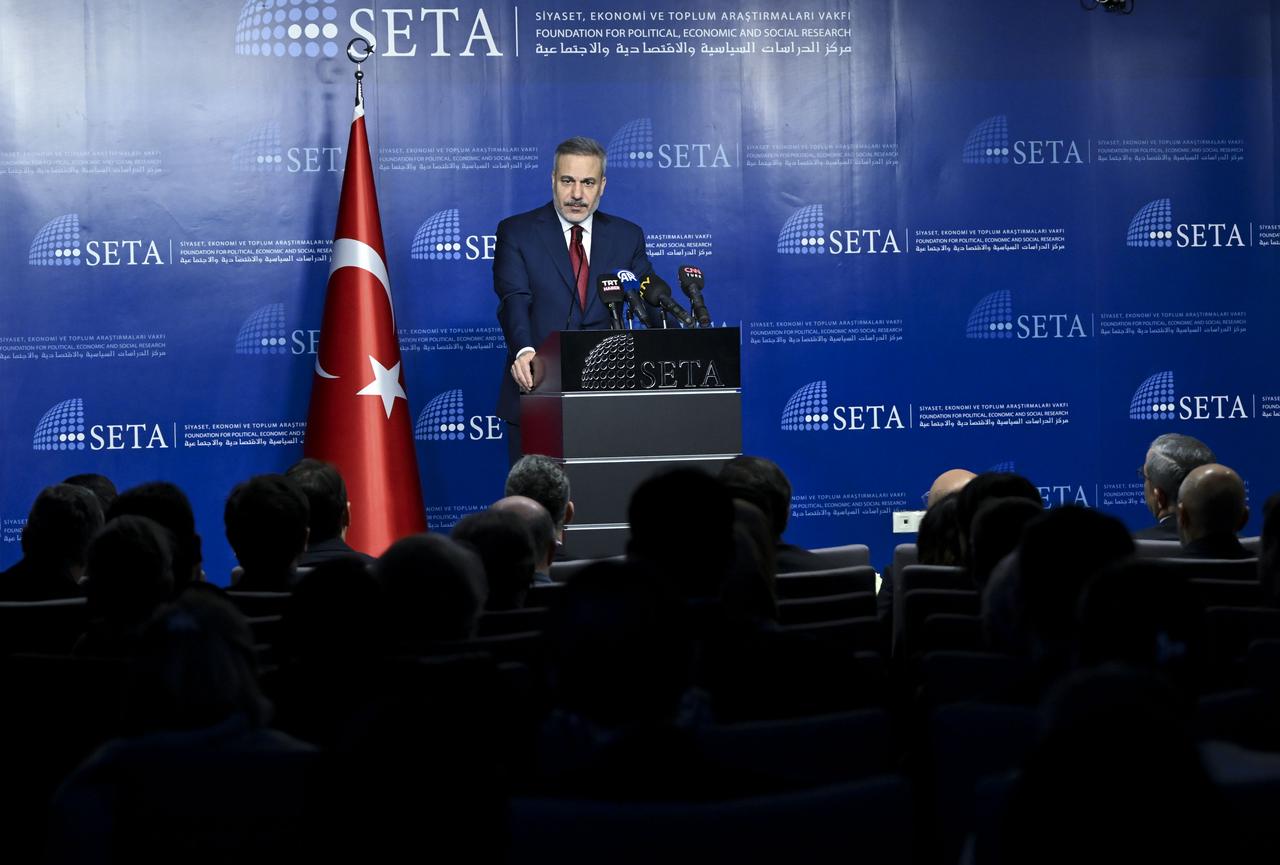Turkish Foreign Minister Hakan Fidan speaks at the conference titled “Syria One Year After: Recovery and Reconstruction” organized by the Foundation for Political, Economic, and Social Research (SETA) in Ankara, Türkiye on Dec. 10, 2025. (AA Photo)