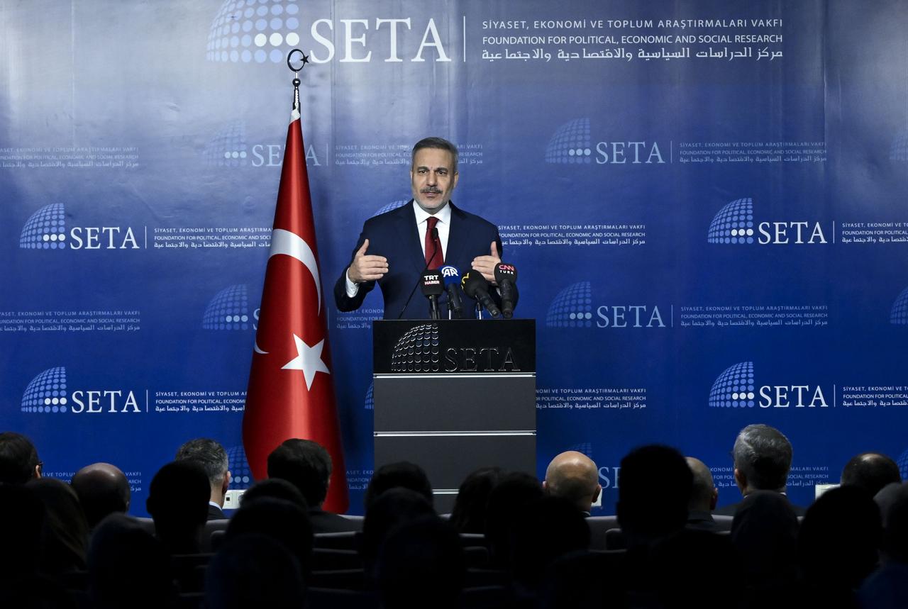 Turkish Foreign Minister Hakan Fidan speaks at the conference titled “Syria One Year After: Recovery and Reconstruction” organized by the Foundation for Political, Economic, and Social Research (SETA) in Ankara, Türkiye on Dec. 10, 2025. (AA Photo)