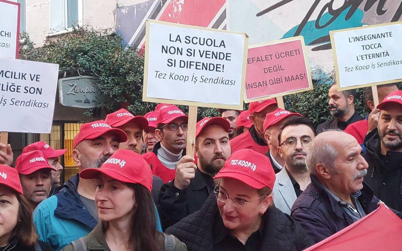 Tez-Koop-Is union members gather outside the Private Italian High School in Istanbul, holding Turkish and Italian placards during a protest over pay and working conditions. (Photo via X/@bianet_org)