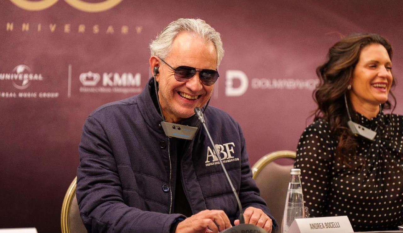 Andrea Bocelli (C-L) attends a press conference in Istanbul, Türkiye, Nov. 4, 2023. (Photo by Kevser Erbay)