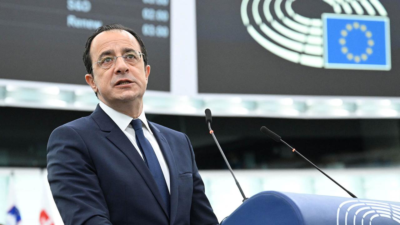 Leader of the Greek Cyprus, Nikos Christodoulides, gives a speech during a debate at the European Parliament in Strasbourg, eastern France, June 13, 2023. (AFP Photo)