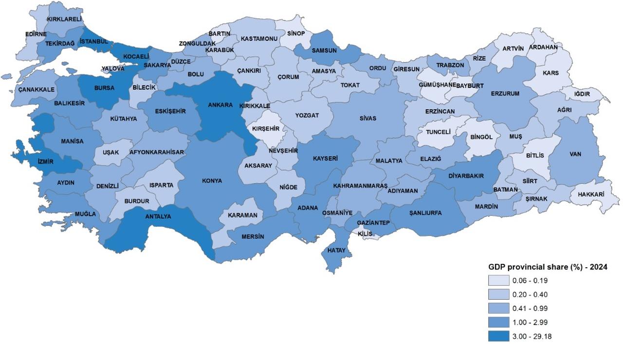 The share of GDP by provinces, at current prices, 2024, according to TurkStat, accessed on Dec. 11, 2025. (Photo via TurkStat)