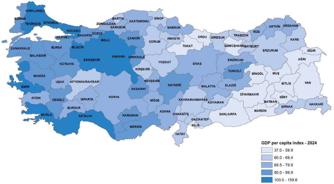 GDP per capita index by provinces, at current prices, 2024, according to TurkStat, accessed on Dec. 11, 2025. (Photo via TurkStat.