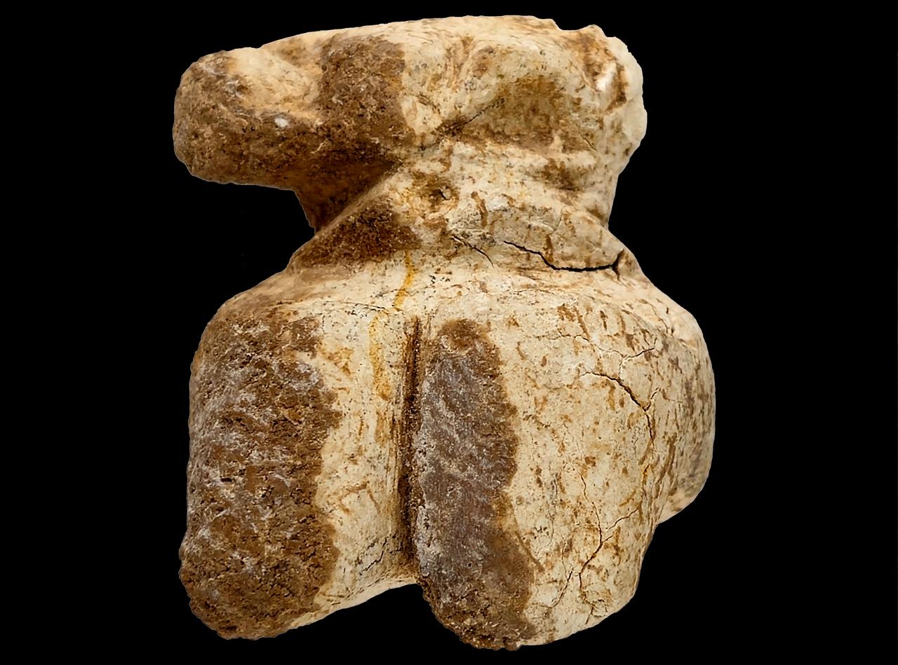 A limestone Neolithic figurine emphasizing the lower body and hips is seen in close-up at Gurcutepe, near Sanliurfa in southeastern Türkiye. (Photo via Gurcutepe Excavations/Arkeolojihaber)