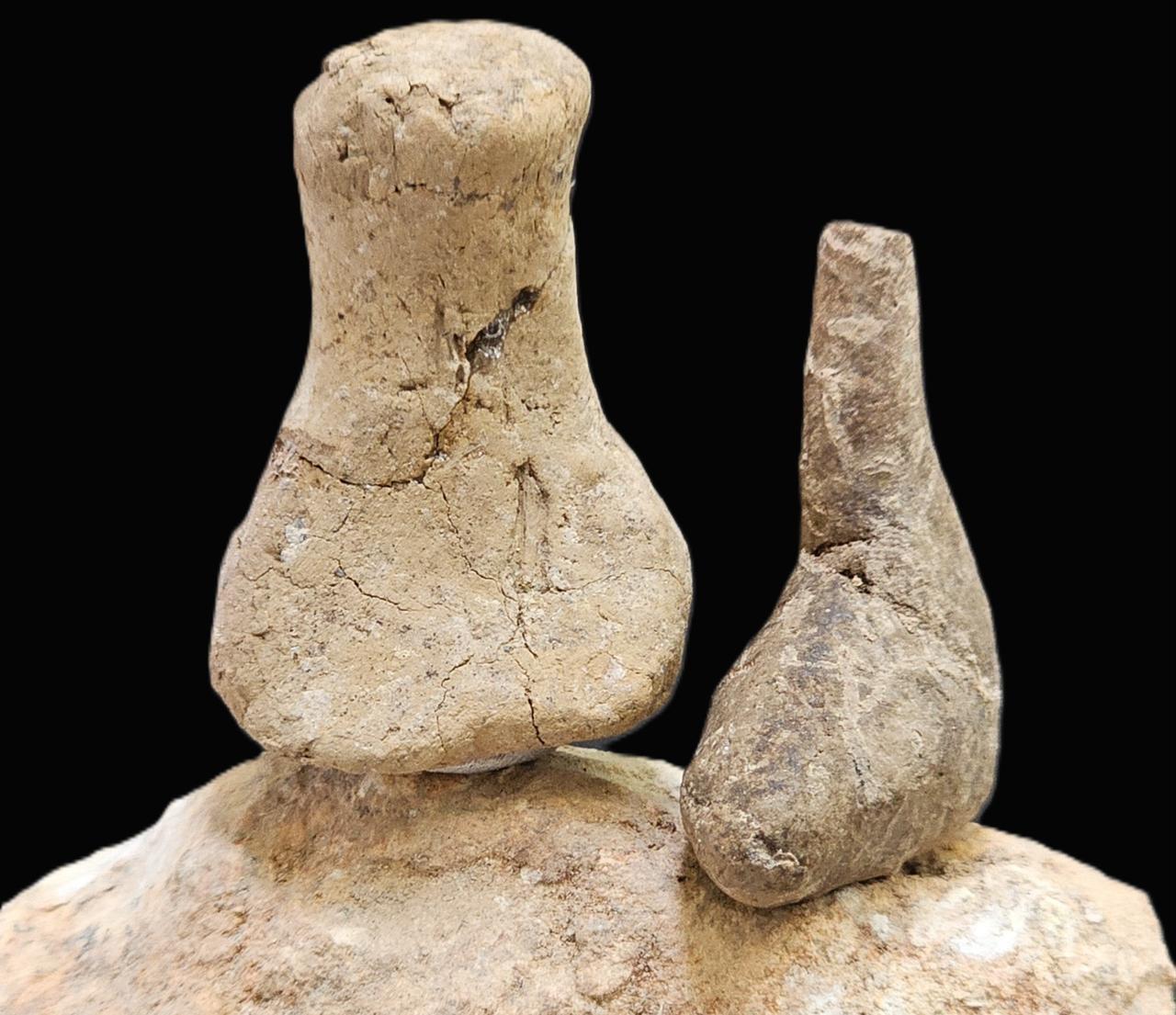 Two schematic Neolithic human figurines made of clay stand on a stone base during excavations at Gurcutepe, near Sanliurfa in southeastern Türkiye. (Photo via Gurcutepe Excavations/Arkeolojihaber)