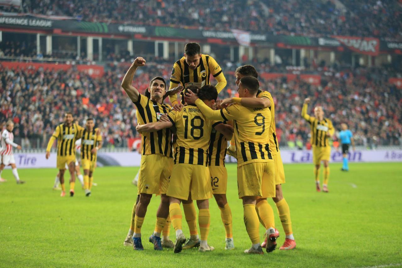 Players of AEK celebrate after scoring a goal during the UEFA Conference League week 5 match between Samsunspor and AEK at Yeni 19 Mayis Stadium in Samsun, Türkiye, December 11, 2025. (AA Photo)
