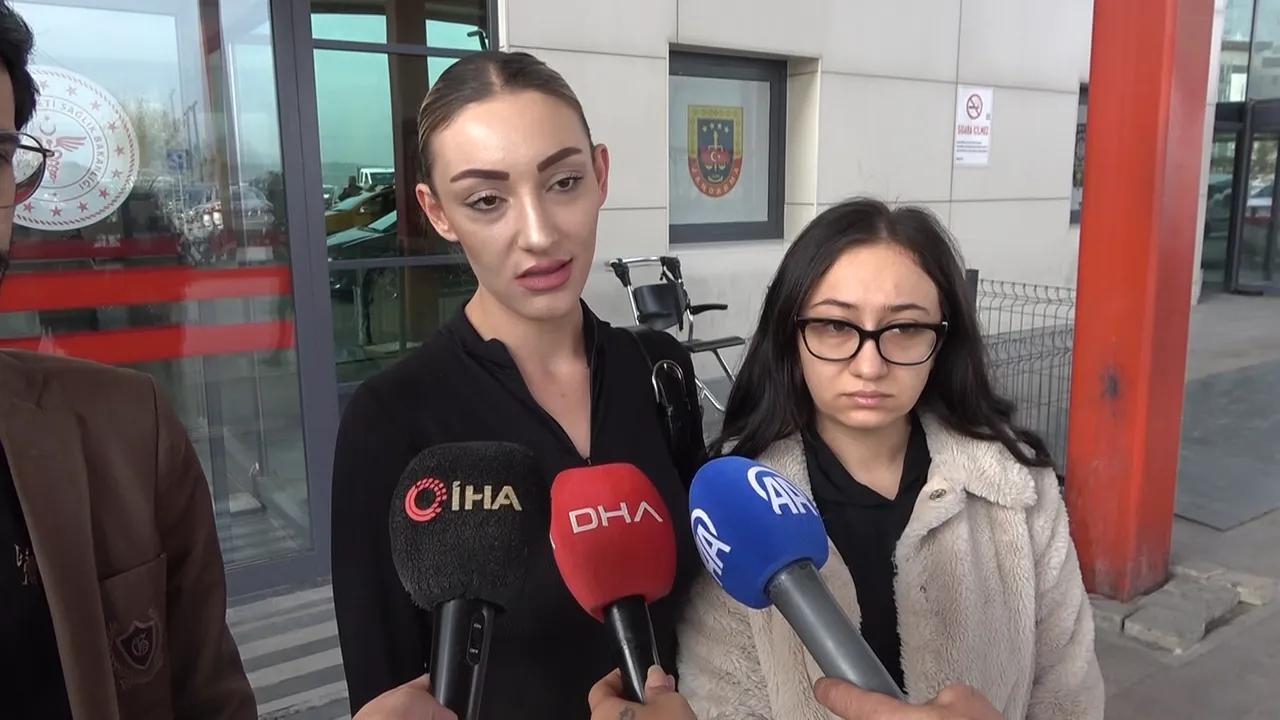 Tugyan Ulkem Gulter and Sultan Nur Ulu speak to reporters outside a police station, Türkiye, accessed on December 12, 2025. (Photo via Türkiye Daily)