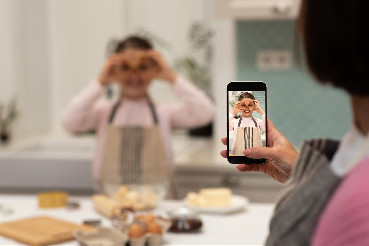 A joyful woman takes a photo with her smartphone of a little girl in an apron, happily making cookie dough in the kitchen. (Adobe Stock Photo)