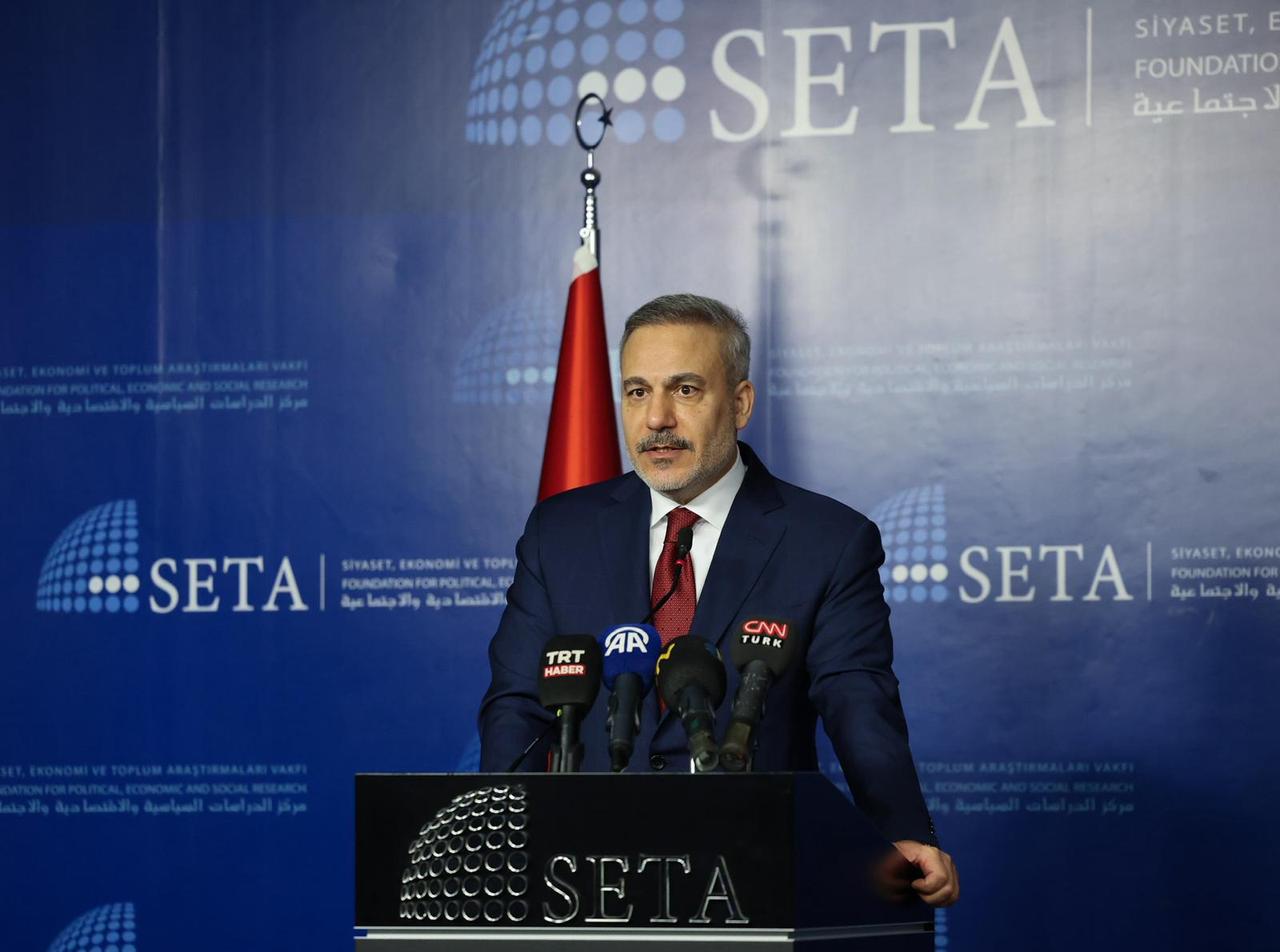 Turkish Foreign Minister Hakan Fidan speaks at the conference titled “Syria One Year After: Recovery and Reconstruction” organized by the Foundation for Political, Economic, and Social Research (SETA) in Ankara, Türkiye on Dec. 10, 2025. (AA Photo)