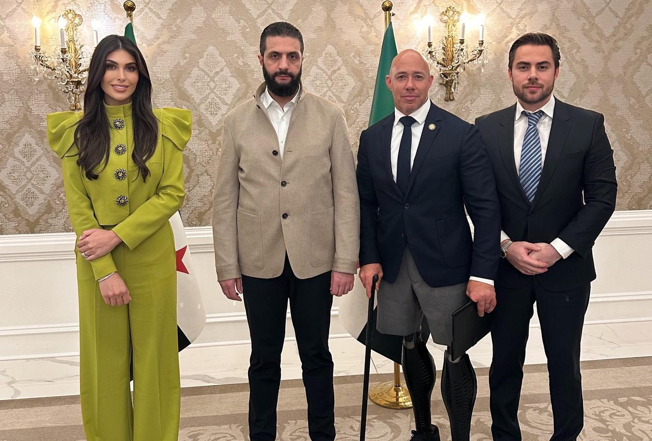 Tarek Naemo and Jasmine Naamou with Syrian President Ahmad al-Sharaa and Rep. Brian Mast (R-FL) (courtesy)