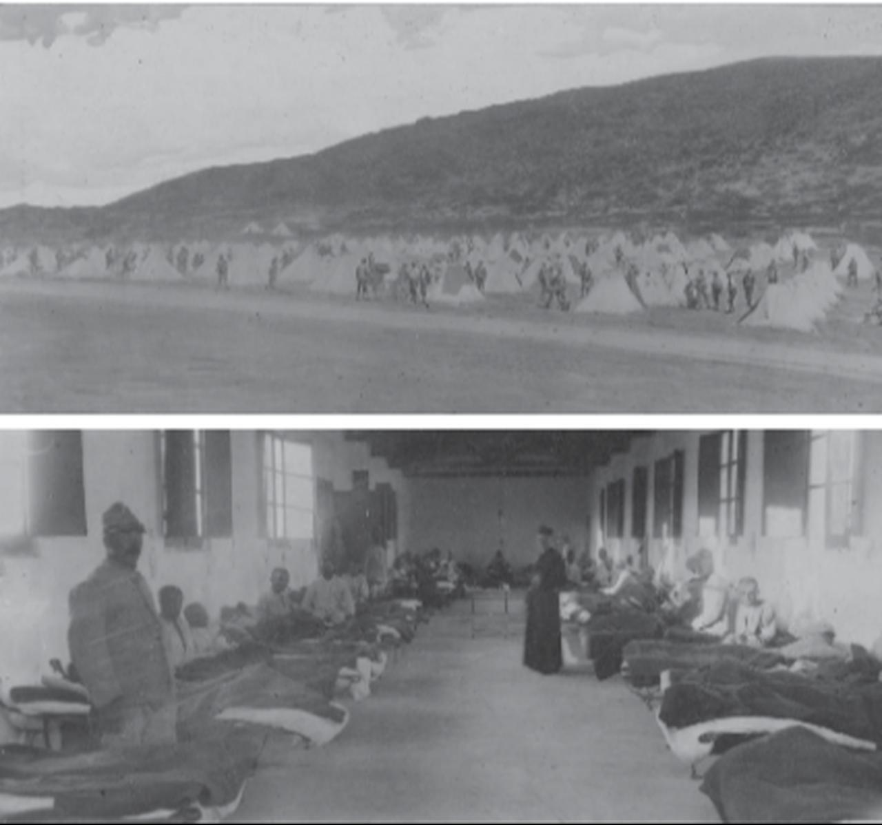 Historical photographs show the First Company prisoners’ camp at Campo Perdu and the infirmary at Tumbarino on Asinara Island during World War I. (Photos via cincer.hu)