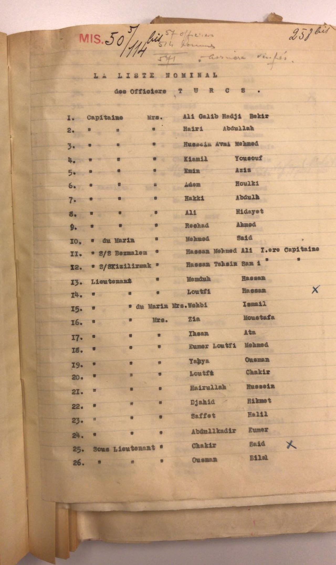 A nominal roll records the names of Turkish officers handed over for internment on Asinara Island. (Photo via Ithaf Art)