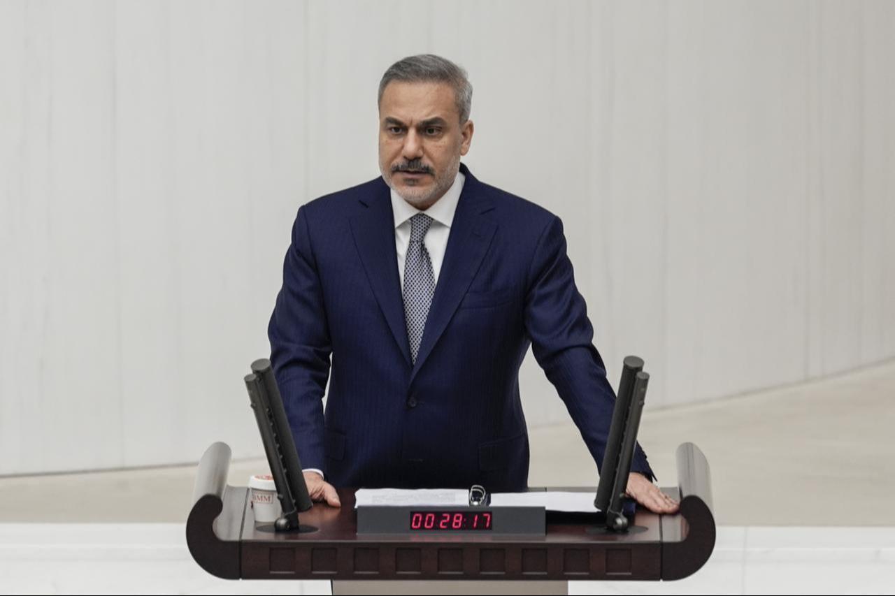 Turkish Foreign Minister Hakan Fidan speaking at the Turkish Parliament during talks on the 2026 budget in Ankara, Türkiye, Dec. 9, 2025. (AA Photo)