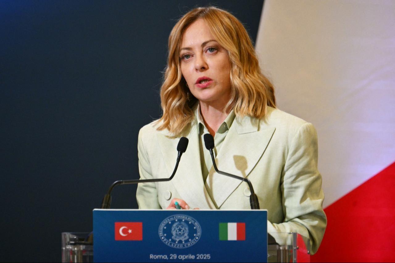 Italys PM Giorgia Meloni addresses a speech during a joint press conference with Türkiyes President (not seen), as part of his visit at the Villa Doria Pamphili in Rome, Italy on April 29, 2025. (AFP Photo)