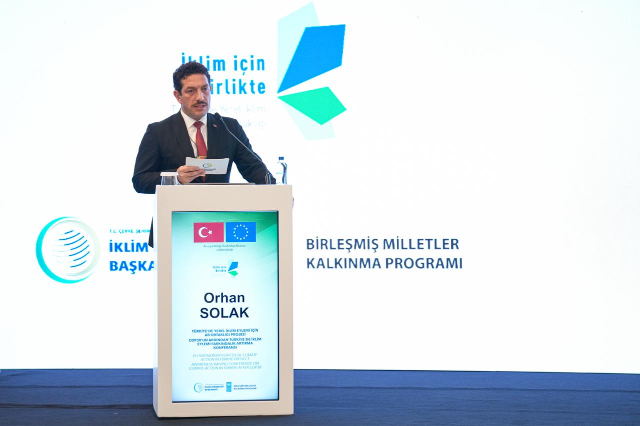 Orhan Solak, Deputy Head of the Climate Change Department, spoke at the “Climate Action in Türkiye After COP30” conference organized under the UNDP EU–Türkiye project in Istanbul, Türkiye on Dec. 12, 2025. (AA Photo)