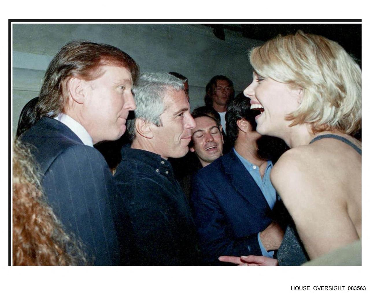 US President Donald Trump (L), flanked by Epstein (C), talking to an unknown woman provided by the Democrats on the on Dec. 12, 2025. (Photo via House Oversight Committee)