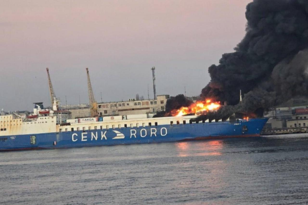 Photo shows flames erupting from passenger-cargo ferry CENK T, owned by the Turkish company Cenk Ro-Ro and actively sailing under the Panamanian flag from Turkey to Ukraine and back on Dec. 12, 2025. (Photo via X)