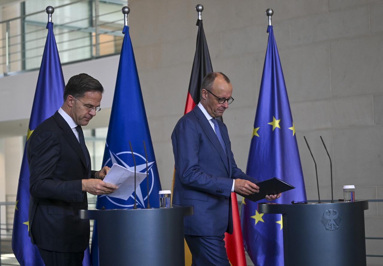 NATO Secretary General Mark Rutte (L) and German Chancellor Friedrich Merz (R) hold a press conference at Prime Minister's Office in Berlin, Germany on Dec. 11, 2025. (AA Photo)